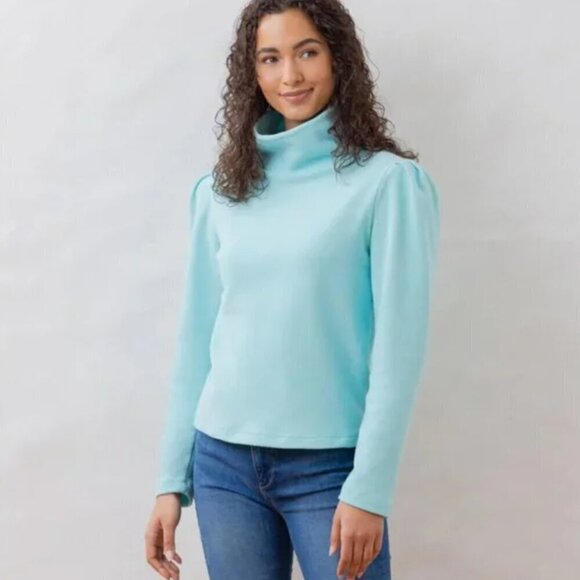 Dudley Stephens Light Blue/Mint Palmer Puff Sleeve Turtleneck in Vello Fleece - Picture 1 of 8